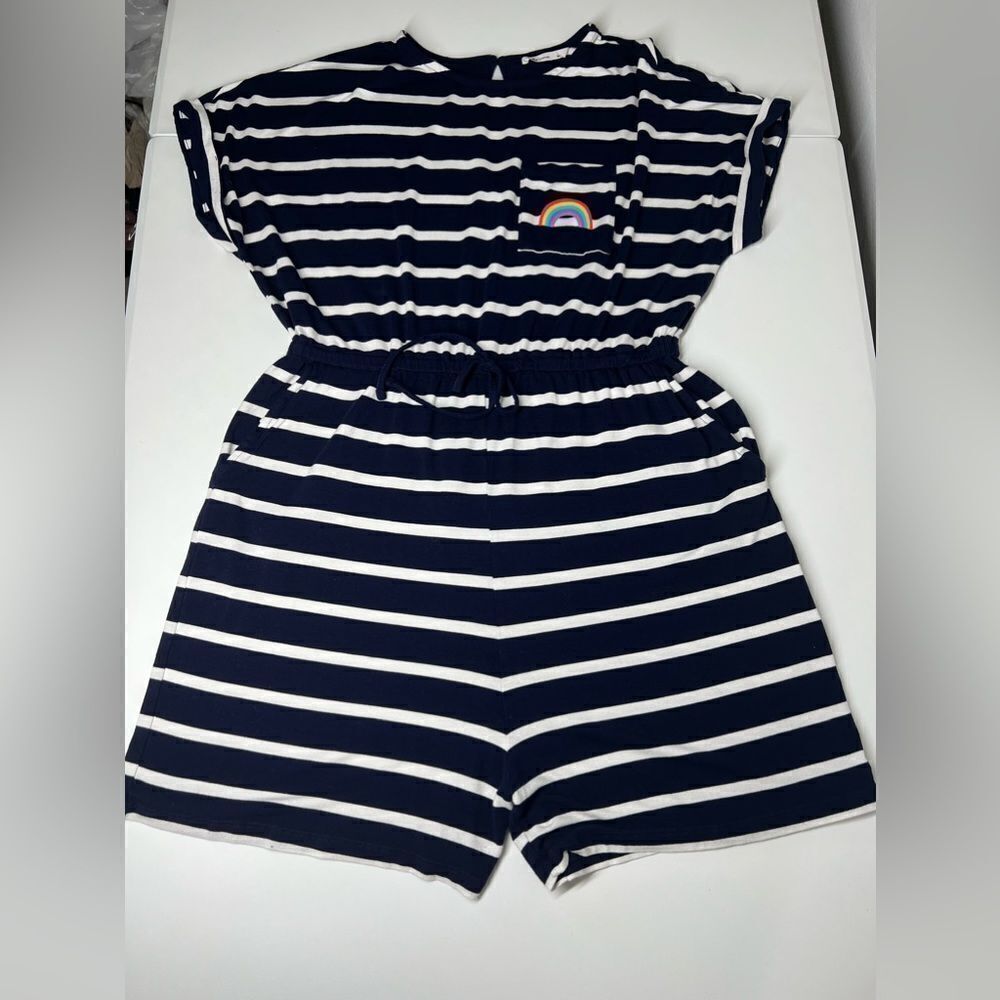 TU Short-Sleeved Navy & White Striped Romper Size 14